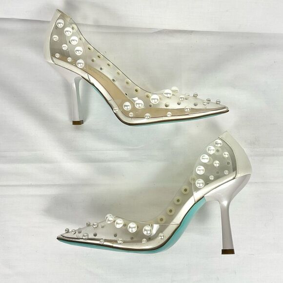Betsey Johnson Halo Pump Clear Heels with Pearl Embellishments Sz 11 Party - Picture 12 of 13